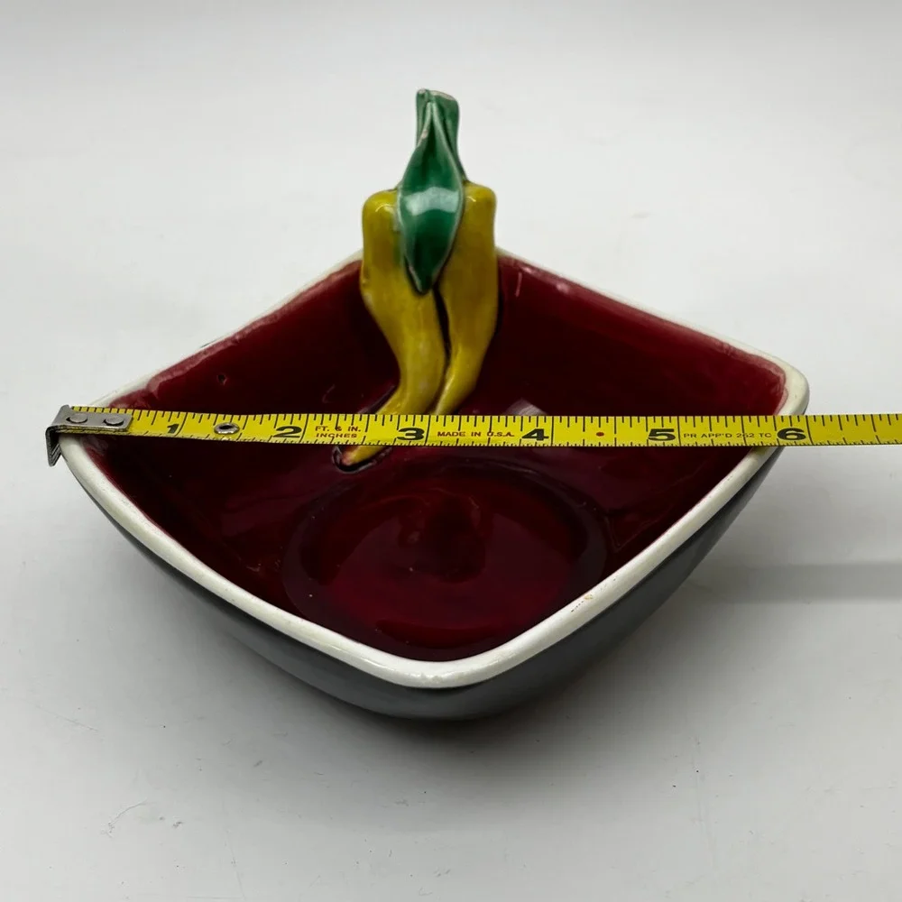 Vintage Italy Ceramic Chili Pepper Bowl Red Black Square Pottery Hand Painted